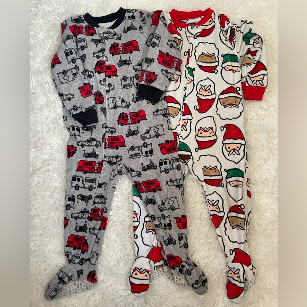 Carter's Red and Gray Fire Truck & Santa One Piece Footies